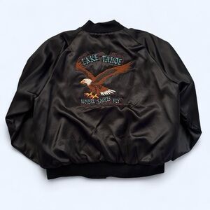 Vintage 1990s Lake Tahoe Black Satin Jacket with Eagle Embroidery XXL